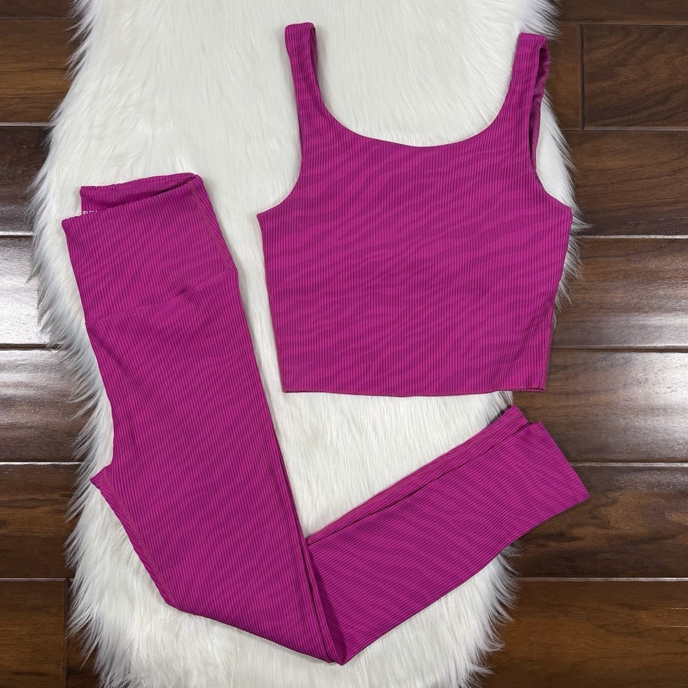Carbon 38 Size Medium Ribbed 7/8 Length Legging & Crop Top Set In Magenta Zebra